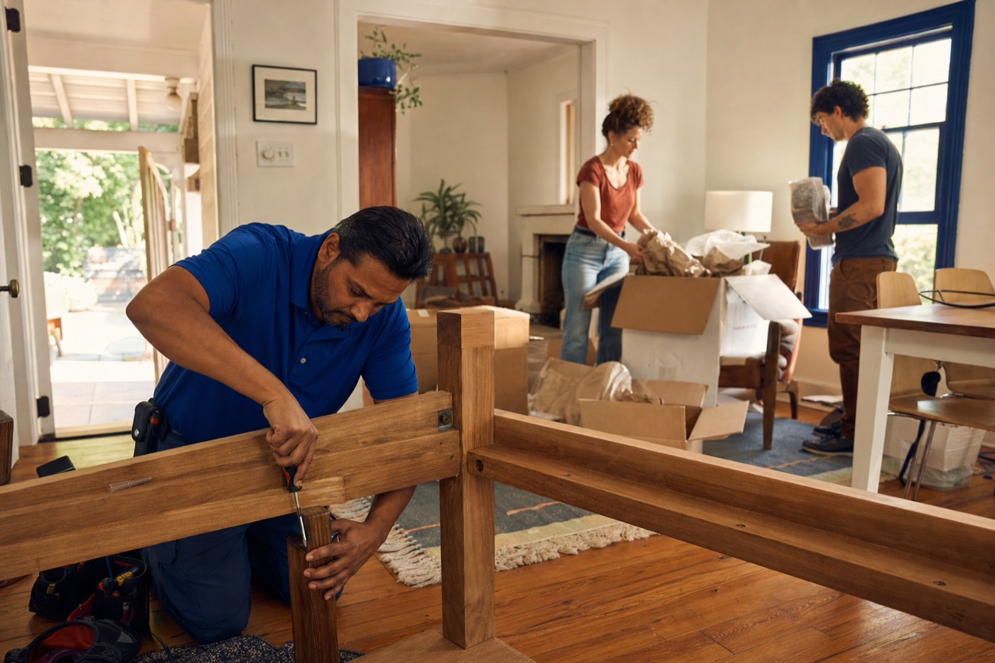 Mover assembling furniture in a new home