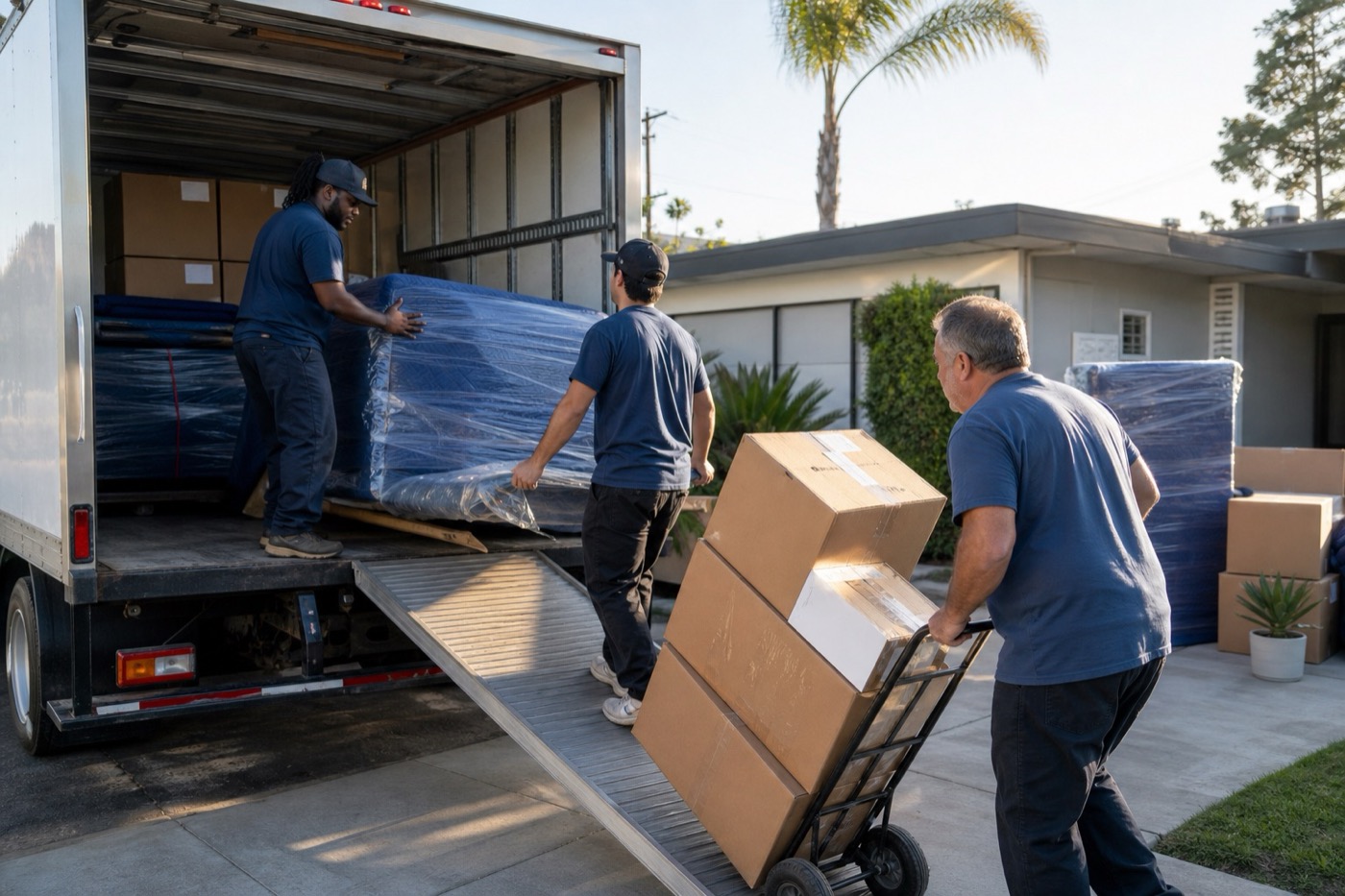 Moving crew loading wrapped furniture into a truck