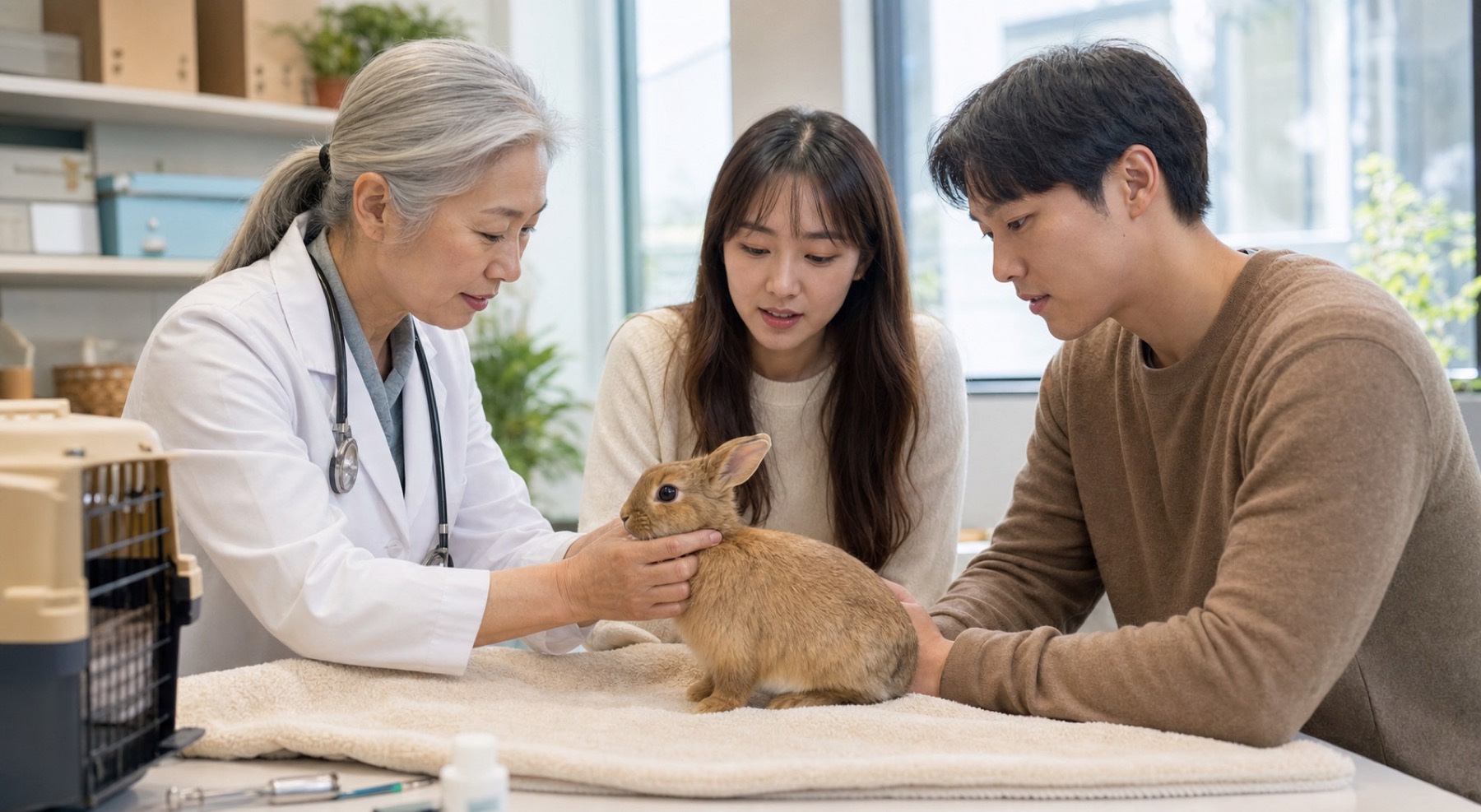 Veterinarian examining a rabbit with its owners
